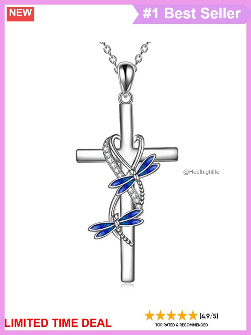 925 Sterling Silver Cross Necklace Dragonfly Pendant Adjustable Rolo Chain 18+2